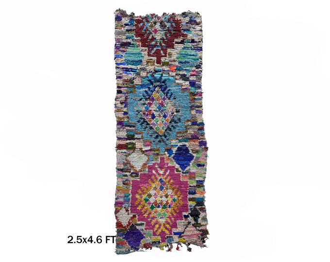 Moroccan Small Boucherouite Rug 3x5: Vintage Berber Rug.