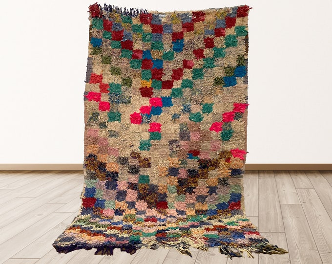 3x5 feet Berber Boucherouite colorful Vintage Moroccan Tribal Azilal shag Rug.