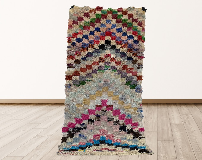 Boucherouite 3x7 feet Moroccan Vintage Tribal Azilal Berber Rug.