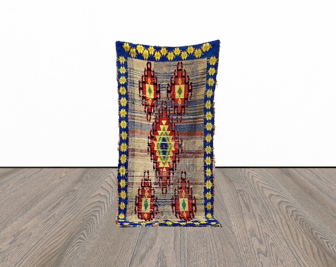 Area berber rug, 3x7 feet moroccan vintage rug, tribal woven rug, azilal bohemian rug.