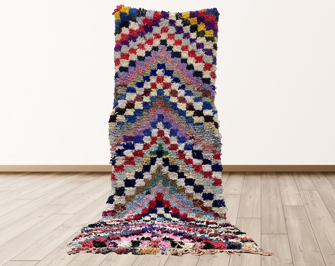 Rugs Colorful Boucherouite Moroccan, 3x9 feet Vintage Tribal Azilal Berber Rug.