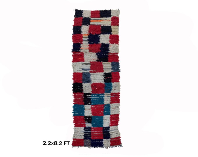Moroccan Checkered Vintage Runner Rug 2x8: Colorful Home Decor.