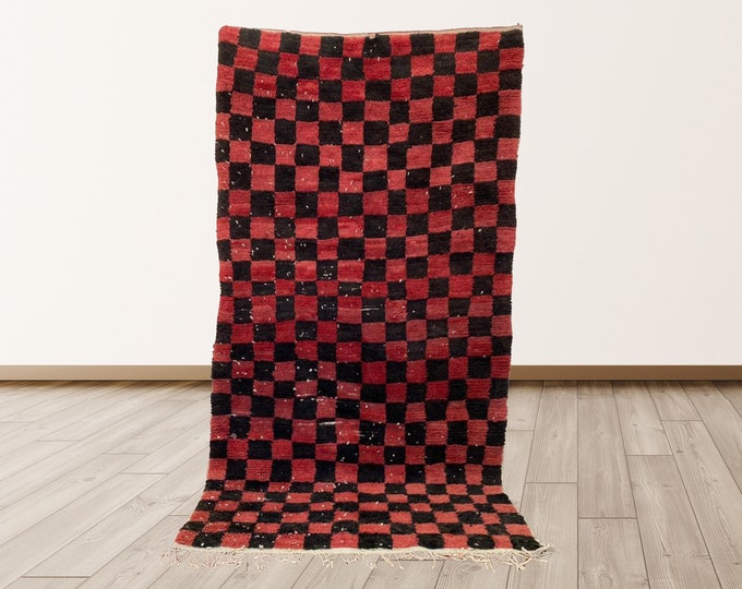 4x7 ft CHeckered rug, Black And Red Area Vintage Moroccan rug, Morrocan Berber rug.