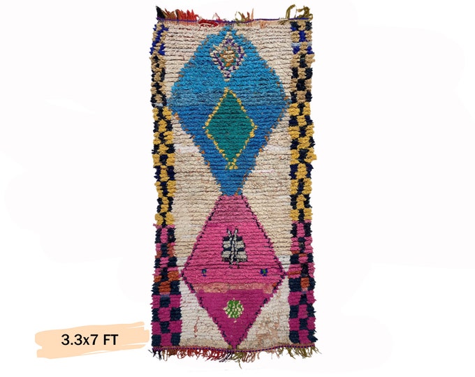 Moroccan Boucherouite Runner Rug 3x7: Unique Vintage Decor.