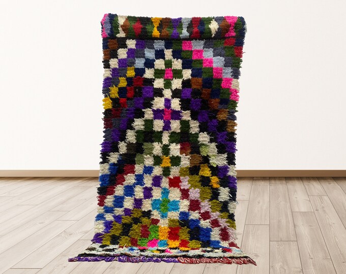 Checkered Vintage Colorful Azilal Moroccan 3x7 feet Rug, Berber Moroccan vintage rugs