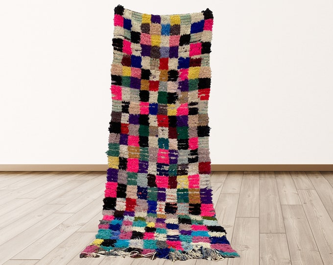 Checkered Vintage Colorful Azilal Moroccan 3x9 feet Rug, Berber Moroccan vintage rugs