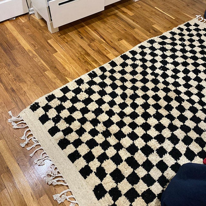 Handmade Moroccan Checkered Rug Black and Off-White Berber Checkerboard rug image 6