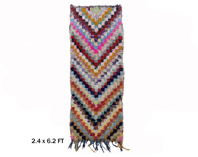 Vintage Moroccan Boucherouite Runner Rug 2x6: Woven Bohemian rug.