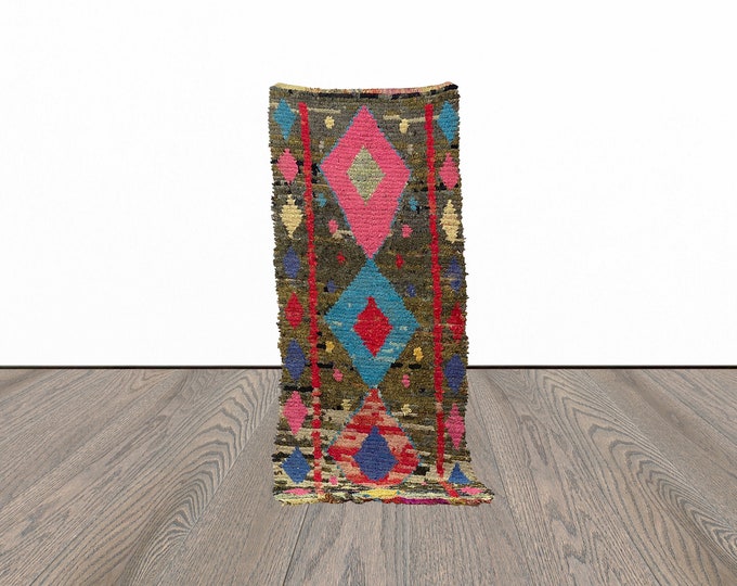 Boucherouite runner rug, 3x8 feet vintage runner rug, tribal runner rug, berber runner rug.