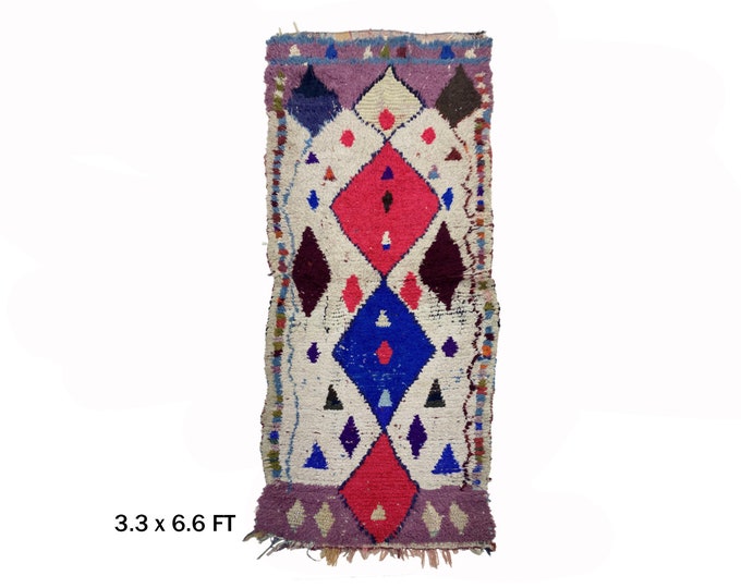 3x7 Moroccan Berber Runner Rug: Authentic Vintage Woven Textile.