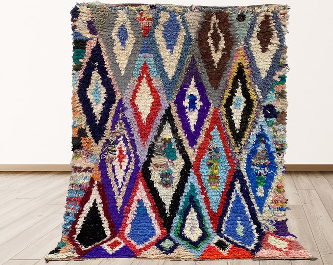5x7 feet Berber Boucherouite Vintage Moroccan Tribal Azilal small shag Rug.