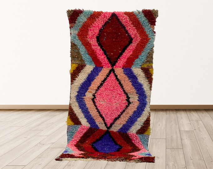 Berber Vintage tribal colorful Morocco Azilal Runner small rug, 3x7 foot Moroccan Berber Vintage Rug.