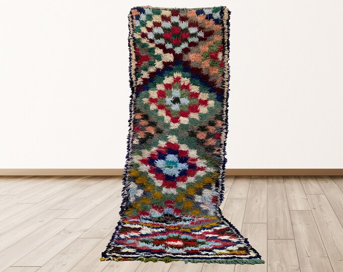 Checkered Vintage Colorful Azilal Moroccan 3x10 feet Rug, Berber Moroccan vintage rugs