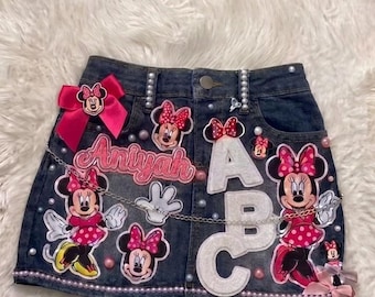 Minni-Maus-Rock, Minni-Maus-Geburtstagsoutfit, personalisiertes Namensshirt, Jeansrock, Tutu zum ersten Geburtstag