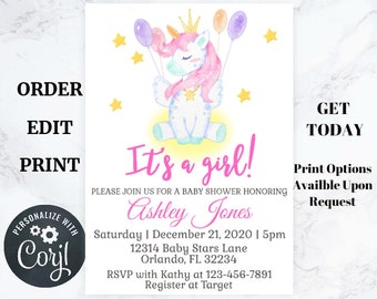 May include: A pink and white unicorn with a crown and a rainbow mane sits on a yellow star. The unicorn is holding balloons. The text "It's a girl!" is written in pink letters. The text "Please join us for a baby shower honoring Ashley Jones" is written in black letters. The text "Saturday | December 21, 2020 | 5pm" is written in black letters. The text "12314 Baby Stars Lane" is written in black letters. The text "Orlando, FL 32234" is written in black letters. The text "RSVP with Kathy at 123-456-7891" is written in black letters. The text "Register at Target" is written in black letters.