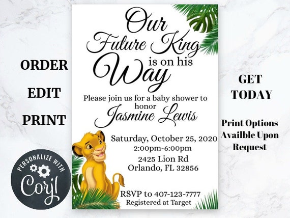 simba baby shower invitations