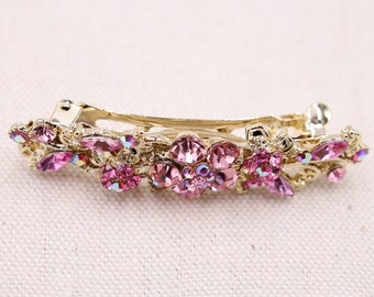 Pink And Gold Crystal Hair Barrette, Delicate Small Women Barrette, Pink Hair Accessory