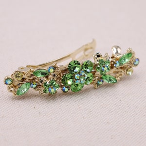 Mother of The Bride Hair Piece, Gift from Bride To Mom, Green and Gold Wedding  French Barrette, Crystal Hair Clip For Thick Hai Fine Hair.