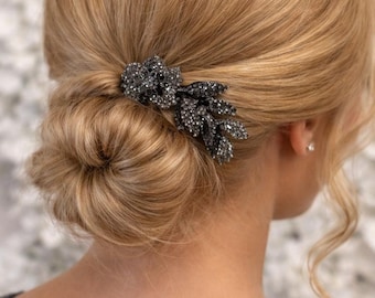 Black Crystal Hair Barrette for Mother of the Bride, Elegant Rose Leaf Formal Wedding Hair Clip