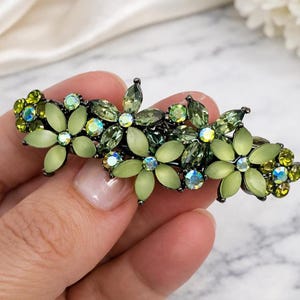 Olive Green Crystal Barrette, Vintage Floral Hair Clip for Women, Medium Thick Hair, Elegant Everyday Hair Accessory