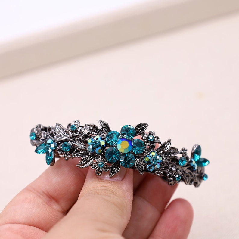 Teal Crystal Hair Barrette: Vintage Style Silver French Clip image 5