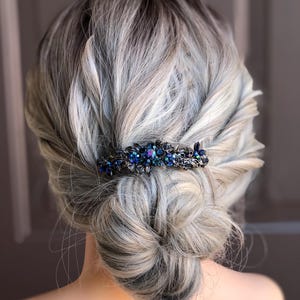 Dark Blue Crystal Floral Barrette: Sapphire Navy Hair Clip