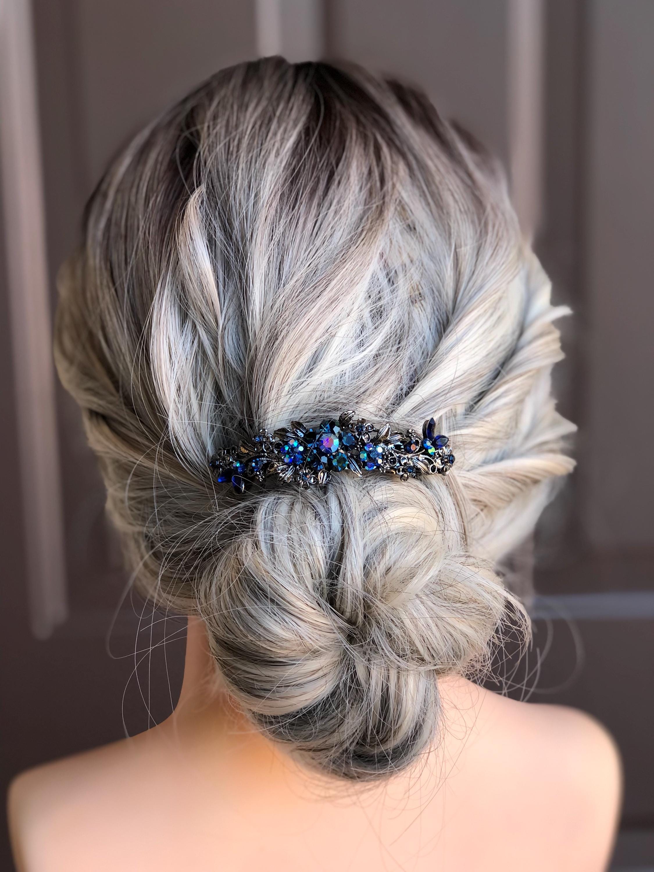Dark Blue Crystal Barrette, Navy Sapphire Hair Clip, Midnight Blue Floral Hair Accessory for Weddings or Mother of the Bride, Gift for Women