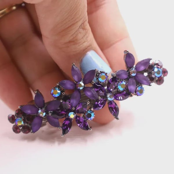 Eggplant Crystal Floral Hair Barrette, Formal Wedding Accessory, French Clip, Thick Hair Holder
