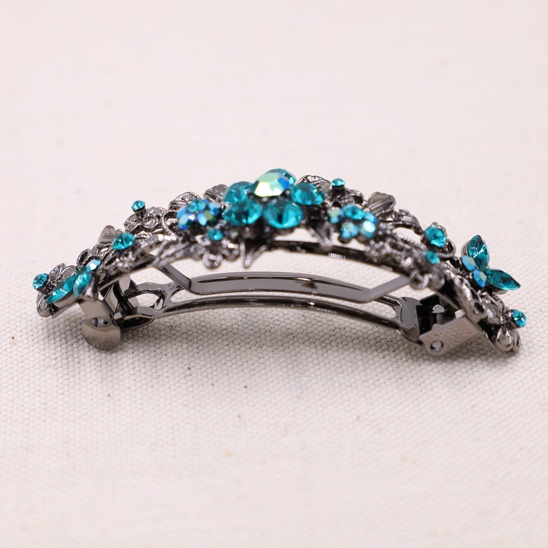 Teal Crystal Hair Barrette: Vintage Style Silver French Clip image 4