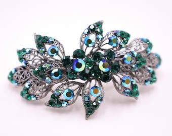 Vintage-inspired Barrette, Dark Green Crystal Large Barrette, French Barrette for Long Thick Hair