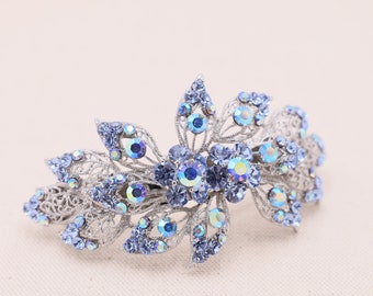 Royal Blue Rhinestone Leaf Hair Clip, Wedding Shiny Blue  display picture 1