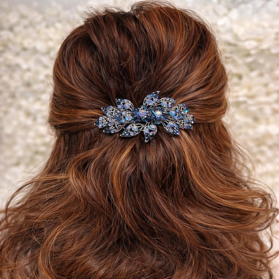 Large Navy Crystal Barrette 3.75 Inch, Statement Wedding  display picture 3