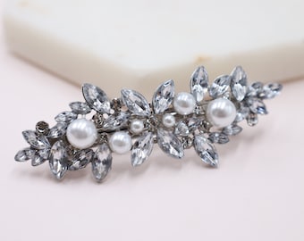 Silver Hair Clip Barrette Pearl Hair Clip Rhinestone Silver Hair Accessories Wedding Hair Barrette Sides Bridal Hair Clip with Pearls