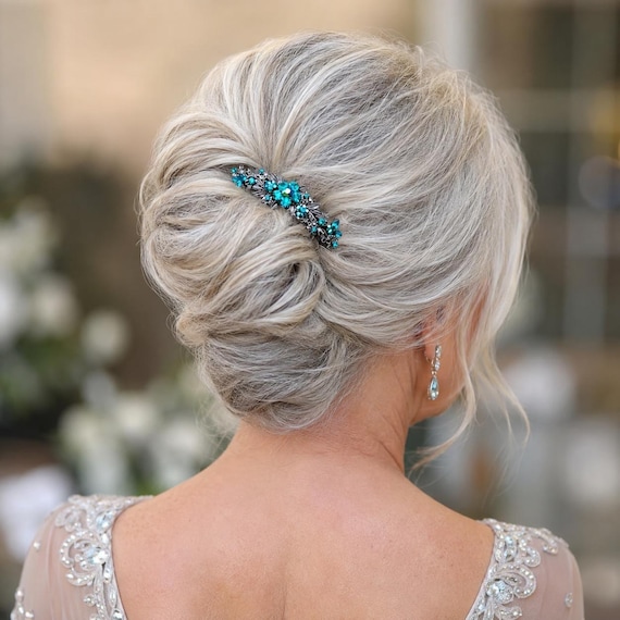 Teal Crystal Hair Barrette: Vintage Style Silver French Clip