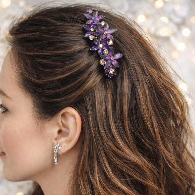 Purple special occasion fashion accessories - Eggplant crystal floral hair Barrette