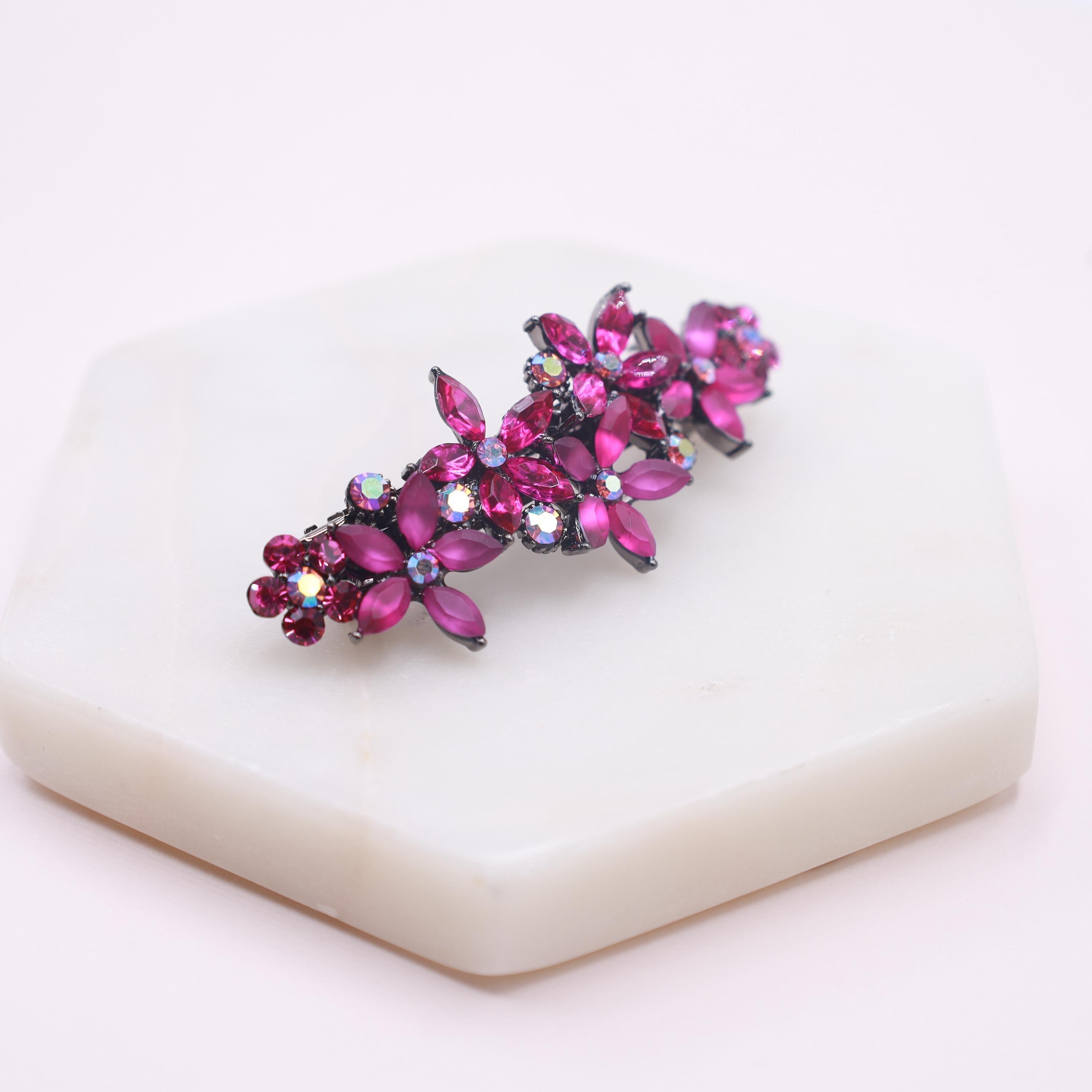 Fuchsia Crystal Floral Barrette: Magenta Pink Hair Clip  display picture 2