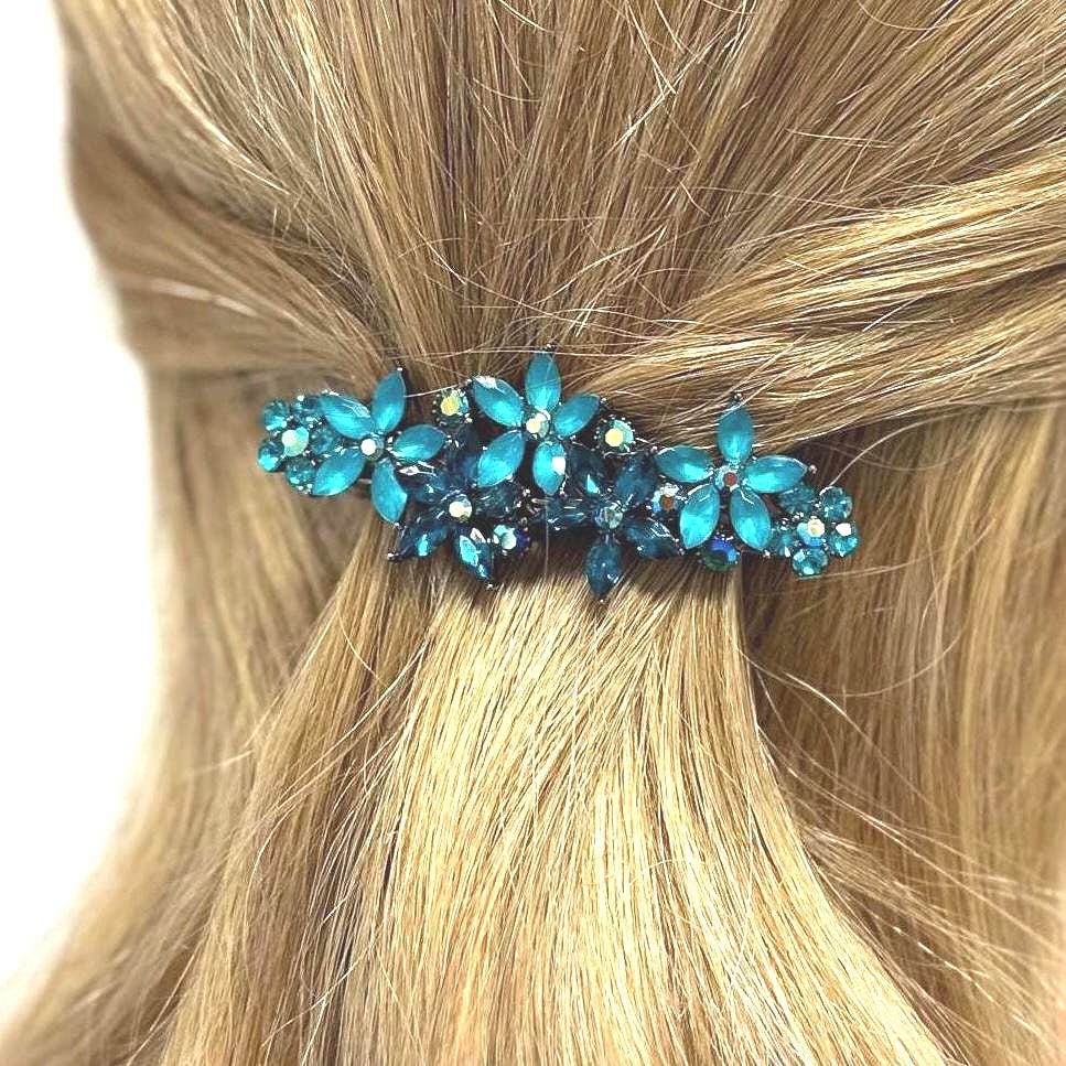 Teal Crystal Flower Barrette: Turquoise Hair Clip, Special  display picture 1