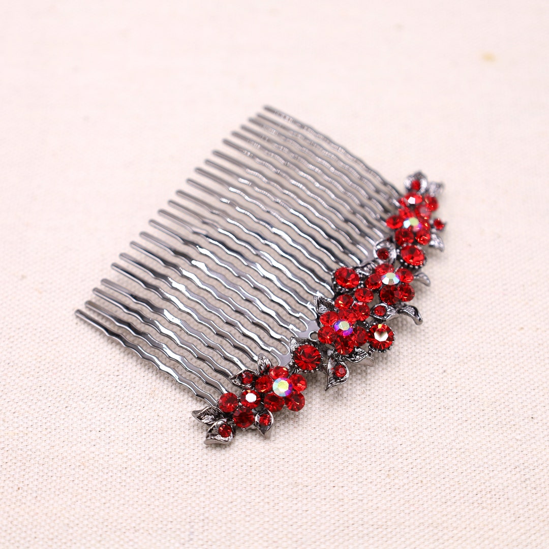 Red Crystal Hair Comb, Side Flat Hair Comb, Ruby Red Formal Hair ...