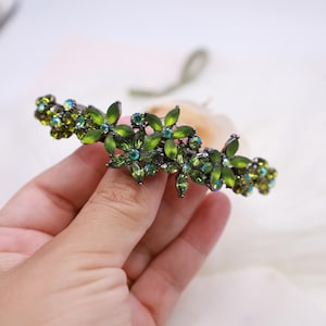 Olive Green Crystal Barrette for Women,Floral Hair Clip for Thick Hair,Green Hair Accessory for Wedding, Large Curved Barrette Clip
