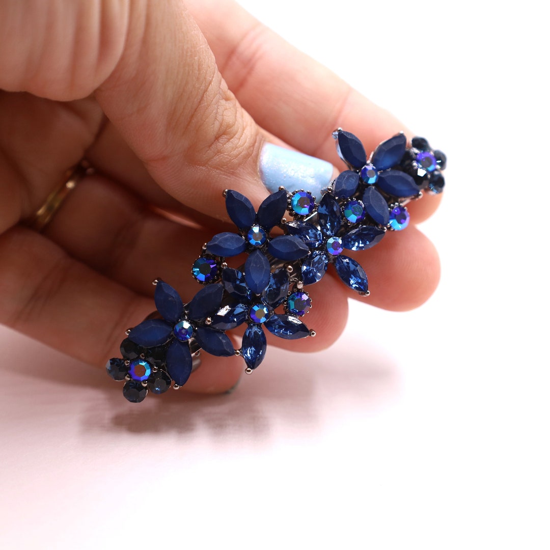 Navy Blue Crystal Hair Barrette: French Floral Clip - Etsy display picture 2
