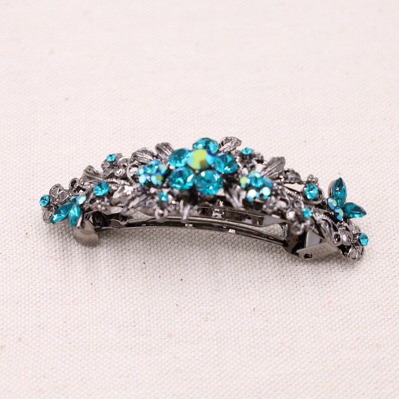 Teal Crystal Hair Barrette: Vintage Style Silver French Clip image 3