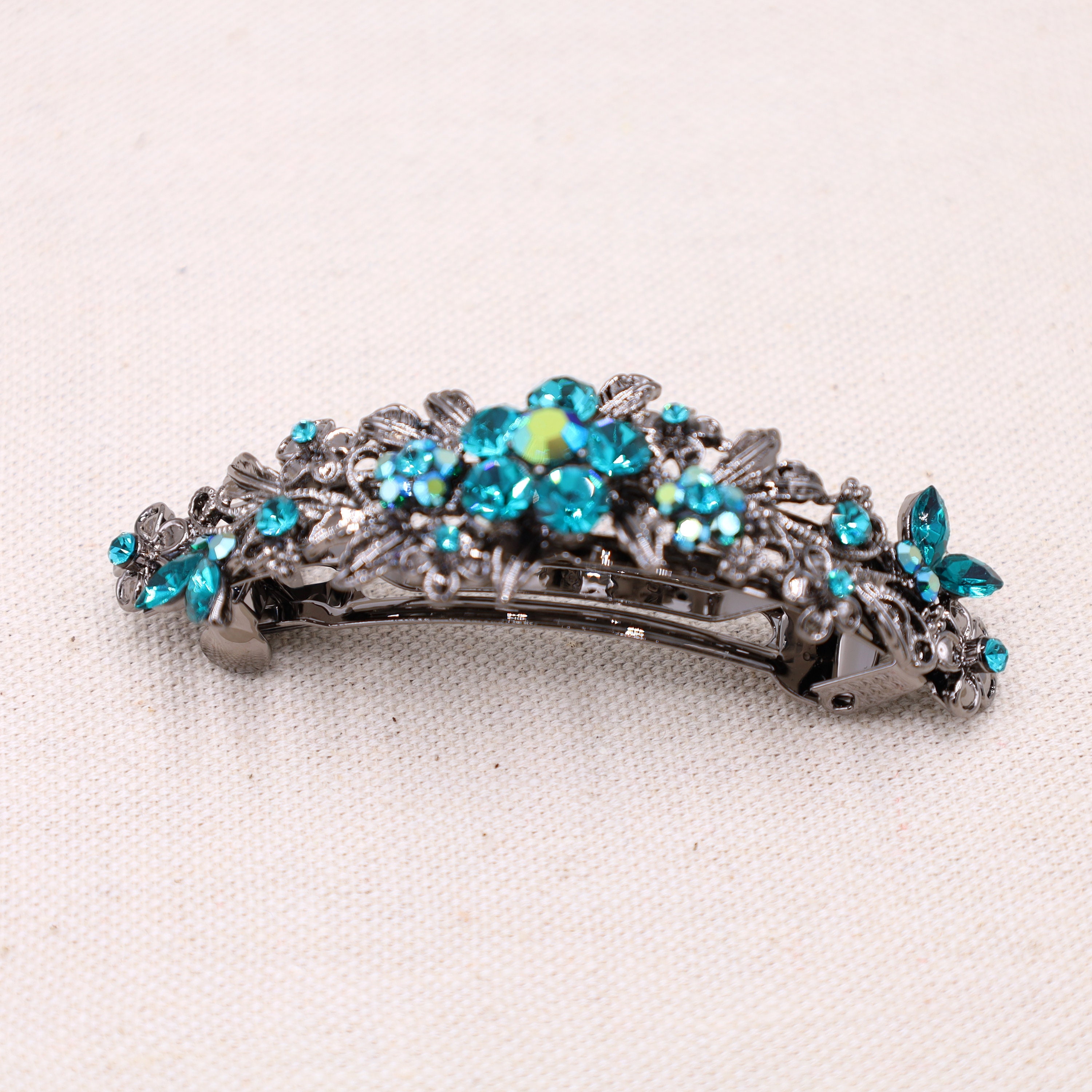 Teal Crystal Hair Barrette: Vintage Style Silver French Clip  display picture 1