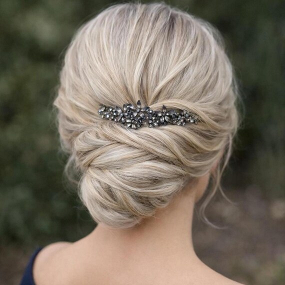 Charcoal Crystal Hair Barrette, Smoky Silver Formal Updo 