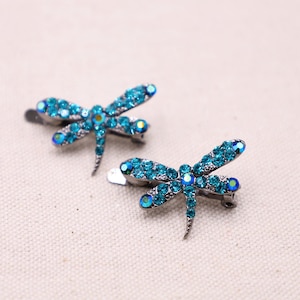 Dragonfly Hair Clips, Teal Crystal Hair Pin- Magnetic Hair Accessory, Nature Lover Gift, Hair Clips For Fine Hair, Barrettes For Thin Hair