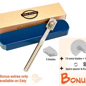 May include: A blue case with a silver bread lame inside. The case is open and the lame is partially out of the case. The lame is a long, thin blade with a handle. The case is labelled "Baker of Seville Artisan Bread Lane". There are 5 blades and 10 extra blades included, for a total of 15 blades. There is also a spare spacer and thumbscrew included. The text "Bonus extras only available on Etsy" is written in orange on a white background with yellow stars.