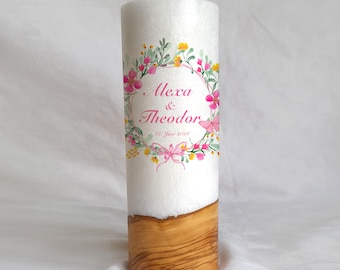 Wooden candle, wedding candle, tealight insert, "Pink Butterfly" design