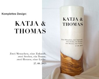 Hochzeitskerze mit Holz Teelichteinsatz Design Typography