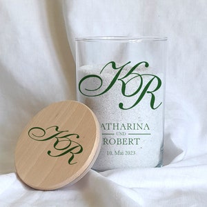 Verre de cérémonie de sable avec couvercle en bois lanterne personnalisée de mariage design "Calligraphie"