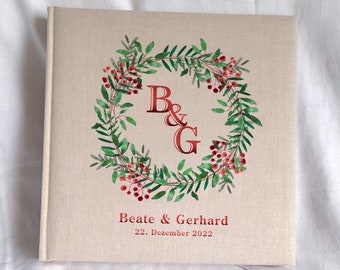 Fotoalbum Hochzeitsalbum personalisierbar echtes Leinen Christmas Wreath Gold Silber Veredelung