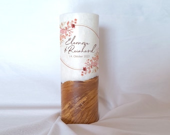 Hochzeitskerze mit Holz Teelichteinsatz Andenkenkerze Hochzeit Trauung Design Rosarot